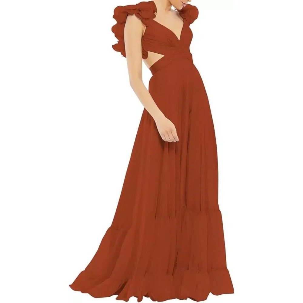 Lawrncedw Chiffon Ruffle Dress Womens 8 Brown V Neck Backless Prom Gown Maxi